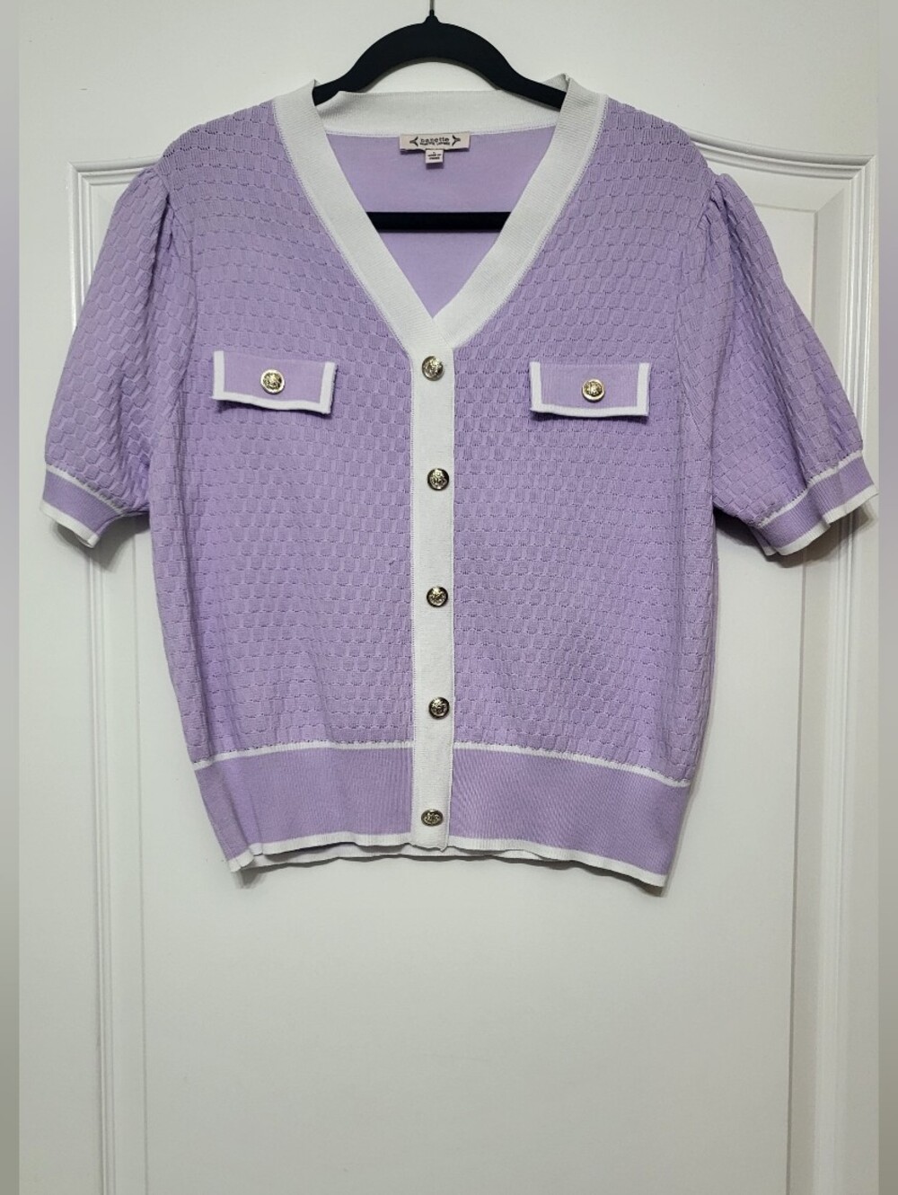 Nanette Lepore Lavender Short-Sleeve Knit Cardigan with White Trim